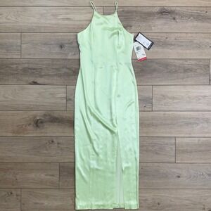 Vintage 90s Pistachio Pastel Green Satin Gown Maxi Formal‎ Halter Neck Slit Jump